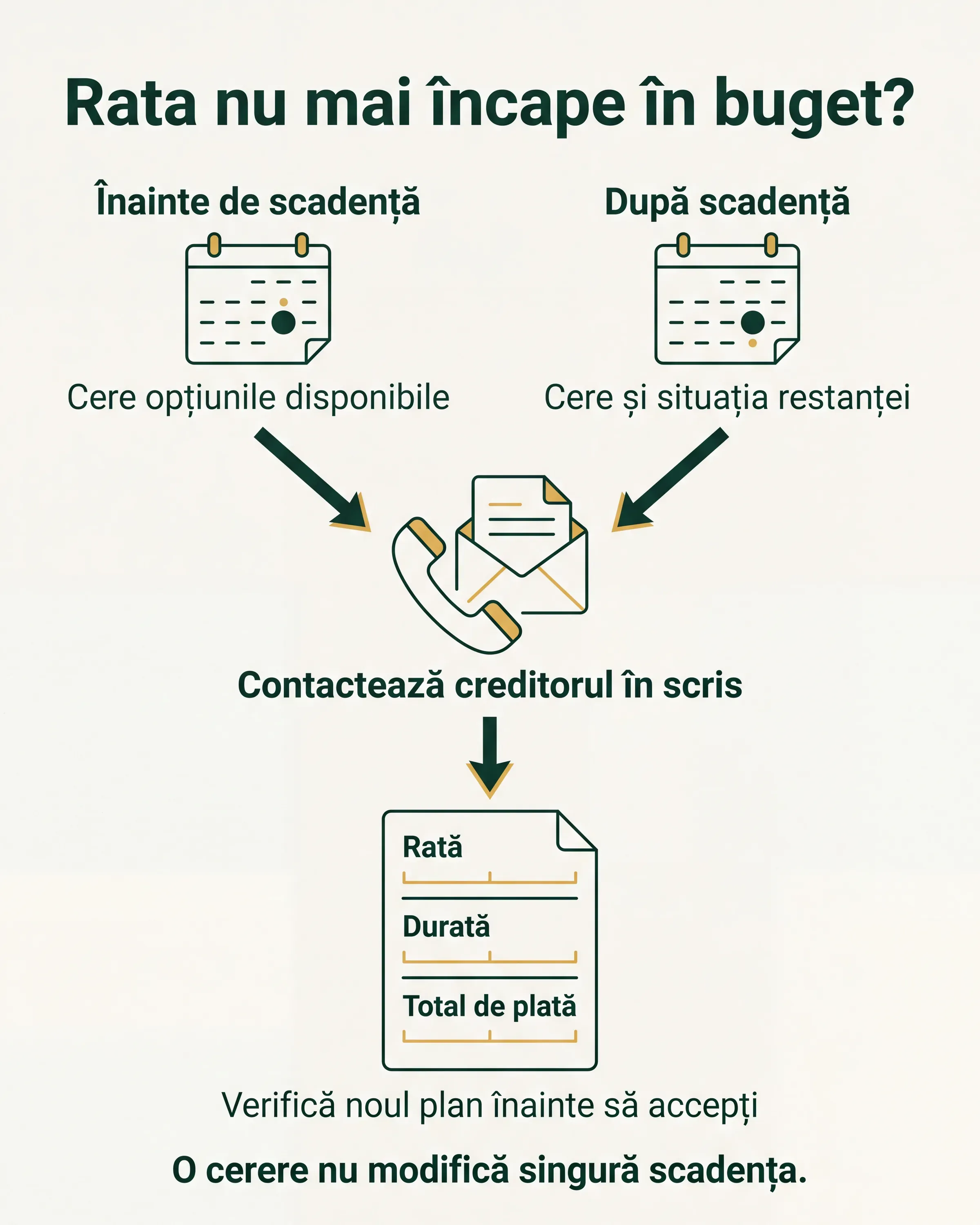 Înainte de scadență ceri opțiuni; după scadență ceri și situația restanței. Verifici în scris rata, durata și totalul noului plan.