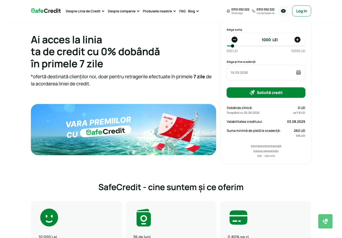 Calculatorul SafeCredit setat la o linie de credit de 1.000 lei